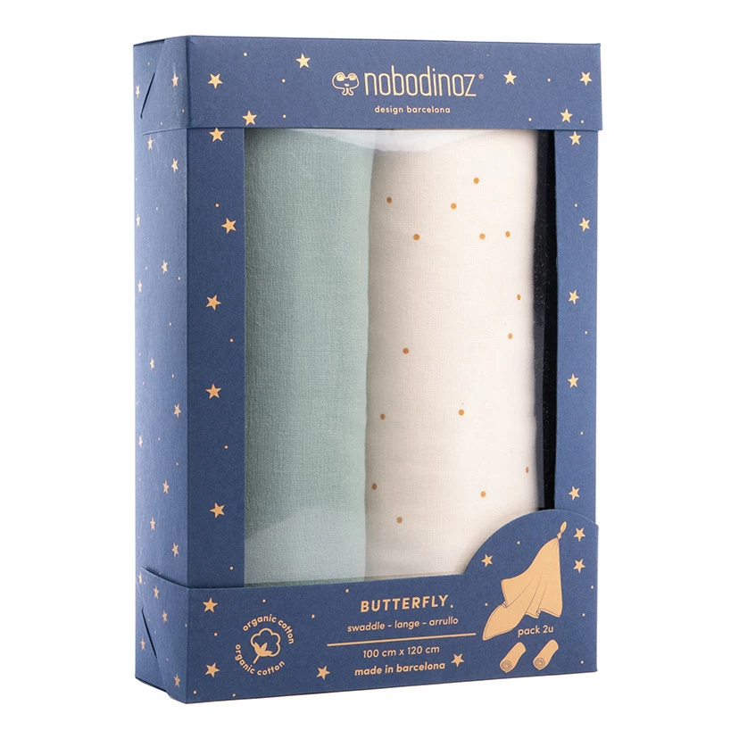 Hot Sale π₯° Best deal π Butterfly Swaddles in Organic Cotton Muslin - Set of 2 Green Nobodinoz Design Baby π π₯°