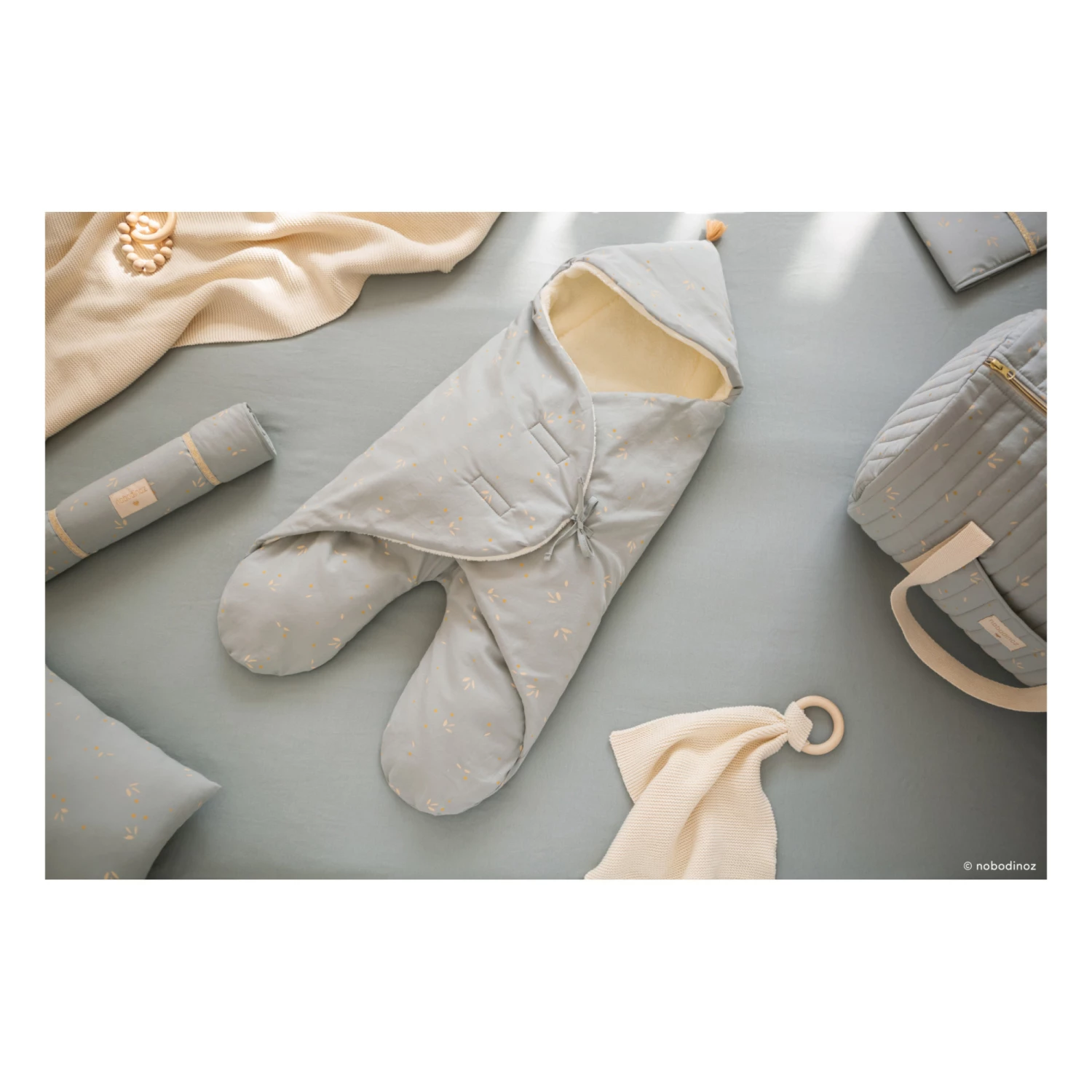 Wholesale π Wholesale π Kiss Me Organic Cotton, Polar Fleece-Lined Footmuff Pale blue Nobodinoz Design Baby π π€© - Image 2